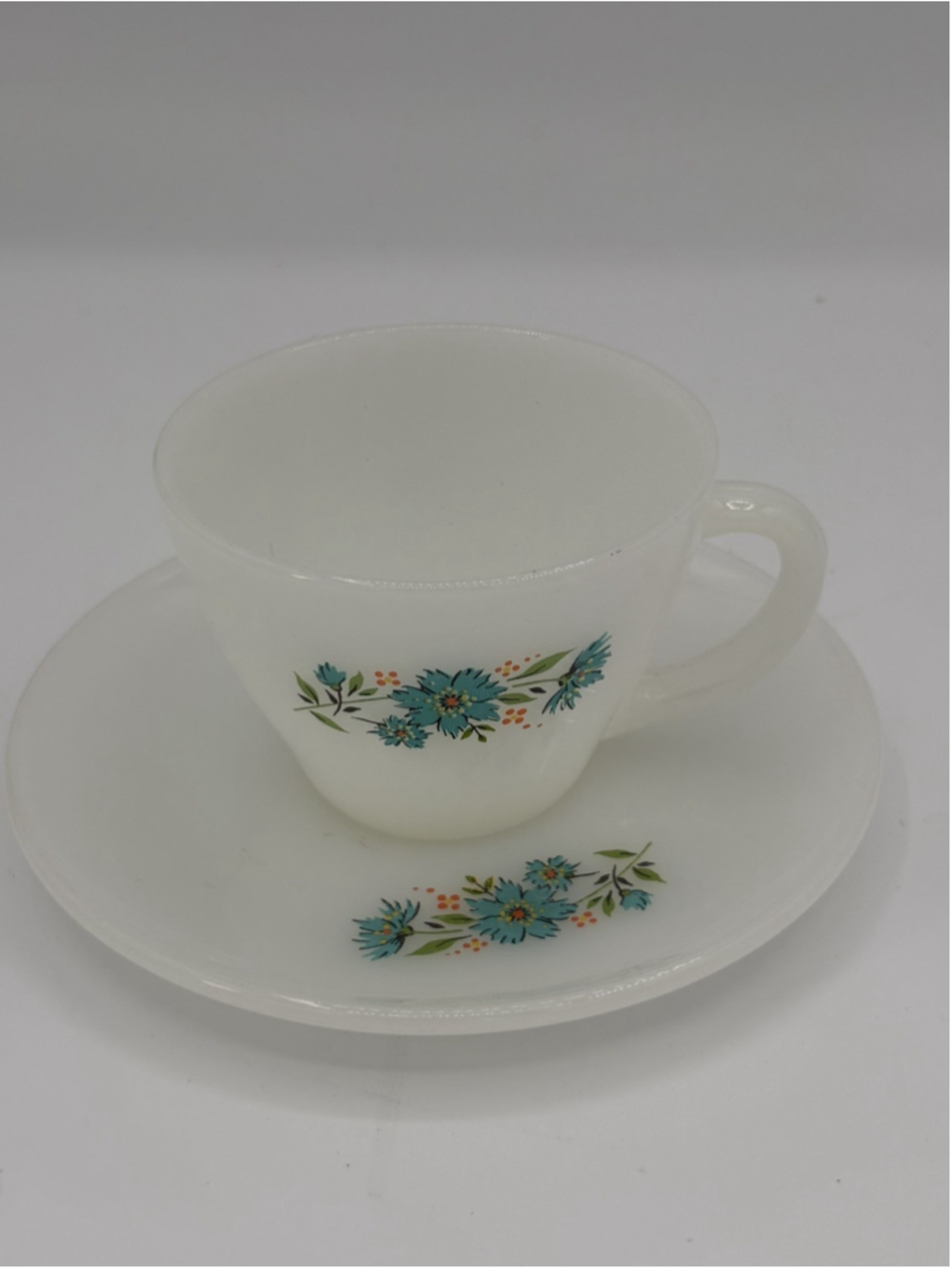 Anchor Hocking Fire King Milk Glass Cup and Saucer Blue Floral Pattern